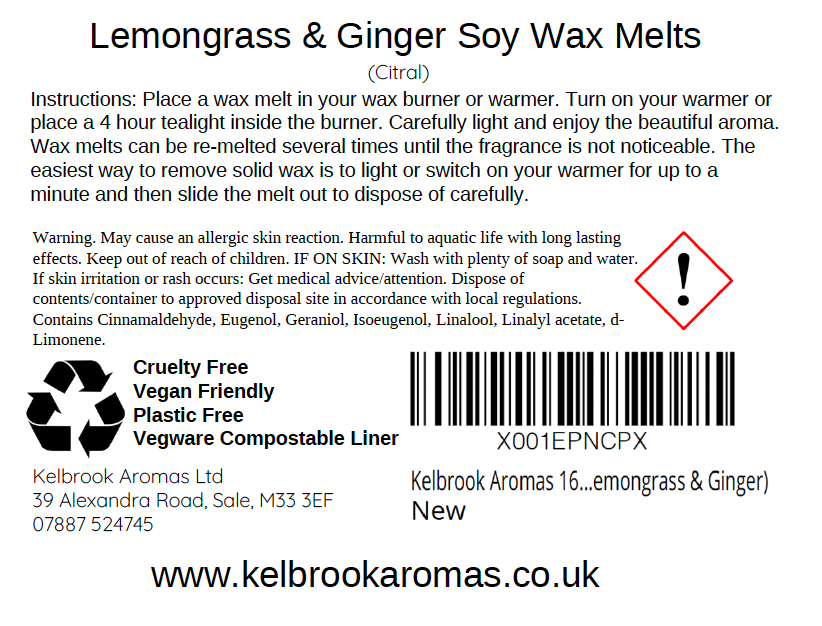 Lemongrass & Ginger Scented Soy Wax Melts – 16 pack